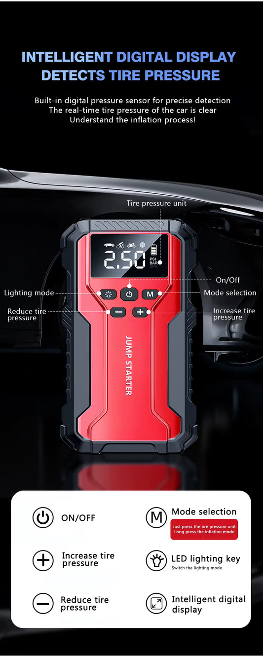 99800mAh Jump Starter with Digital Compressor, Power Bank & Emergency LED Light 🚗⚡
