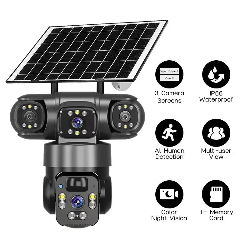 Solar 4G PTZ Security Camera – Triple Lens, AI Motion Detection & Color Night Vision