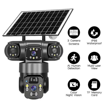 Solar 4G PTZ Security Camera – Triple Lens, AI Motion Detection & Color Night Vision
