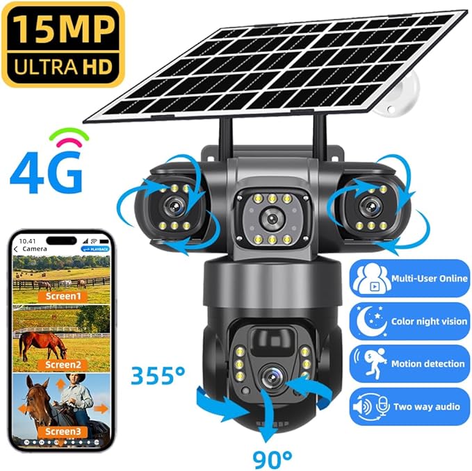 Solar 4G PTZ Security Camera – Triple Lens, AI Motion Detection & Color Night Vision