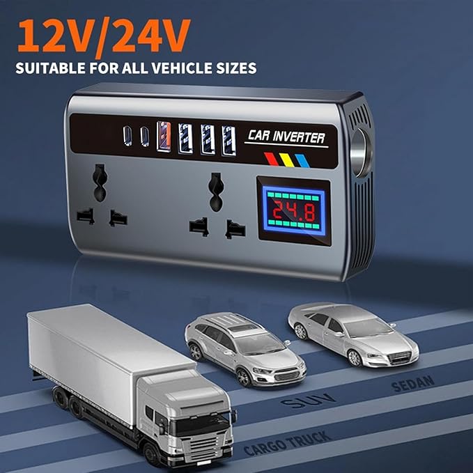 Powerful 200W Car Power Inverter 12V/24V to 220V – Laptop Charger with 4 USB, 2 Type-C PD, QC3.0 & Dual AC Outlets