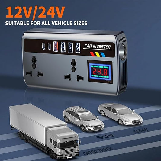 Powerful 200W Car Power Inverter 12V/24V to 220V – Laptop Charger with 4 USB, 2 Type-C PD, QC3.0 & Dual AC Outlets