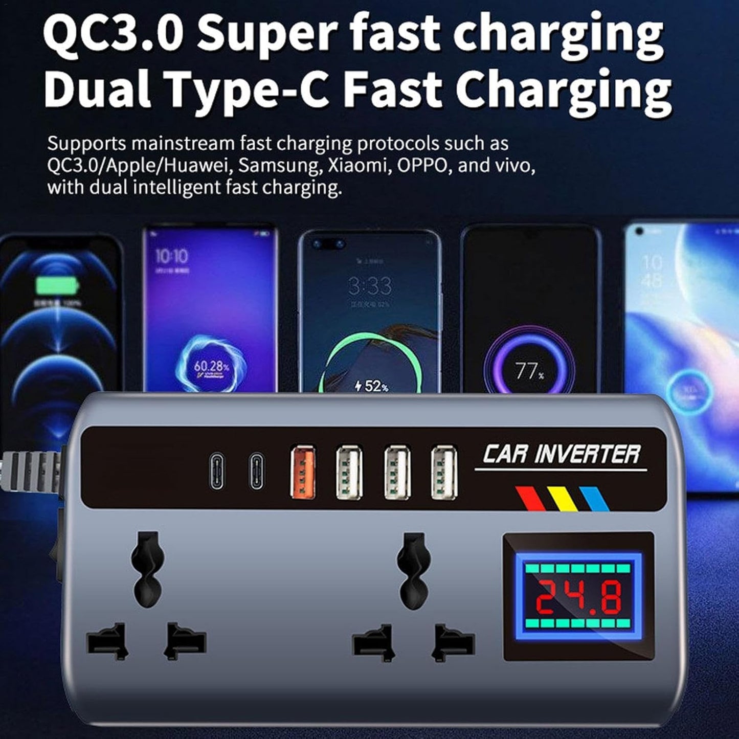 Powerful 200W Car Power Inverter 12V/24V to 220V – Laptop Charger with 4 USB, 2 Type-C PD, QC3.0 & Dual AC Outlets
