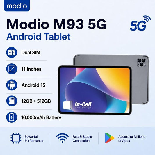 Modio M93 11-Inch Tablet – 12GB RAM, 512GB Storage, Android 15, Dual SIM + Keyboard & Mouse
